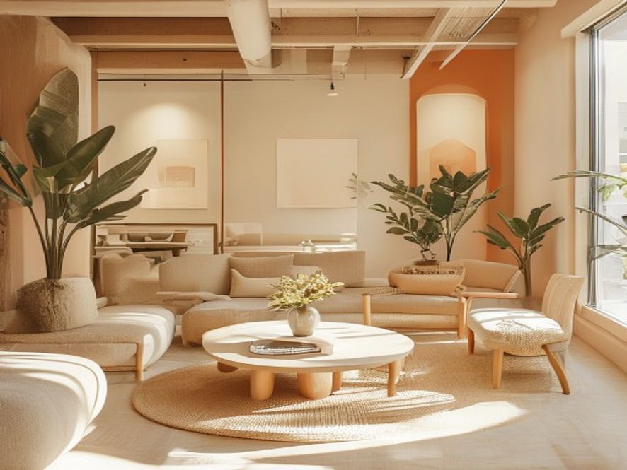 Open office space with informal meeting areas and team gathering space